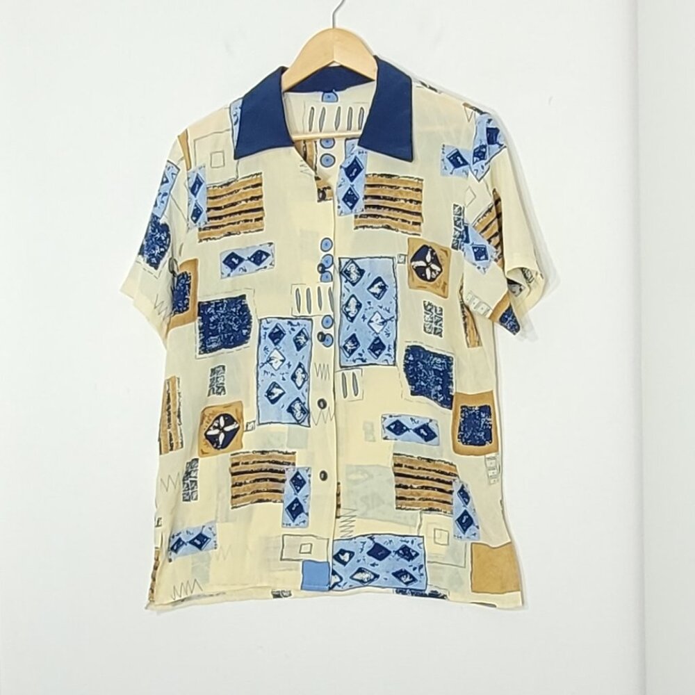 Vintage Unisex Abstract Yellow Blue Print Short Sleeve Button-Up Shirt Retro - Picture 3 of 11